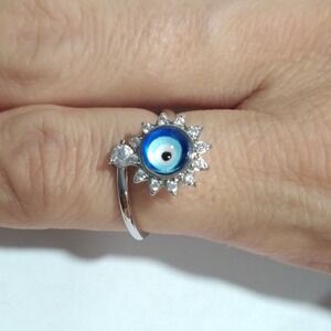 Evil Eye Ring Adjustable Silver Tone Cubic Zirconia CZ Protection Women 6.25